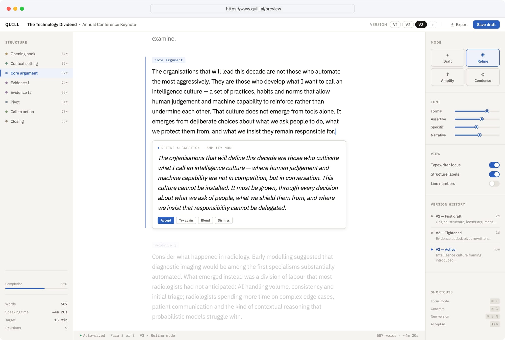 Quill speechwriting interface, showing structure panel, tone controls and version history.